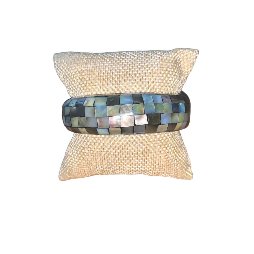 Vintage Blue Brown Abalone Shell Inlay Mosaic Bangle EUC